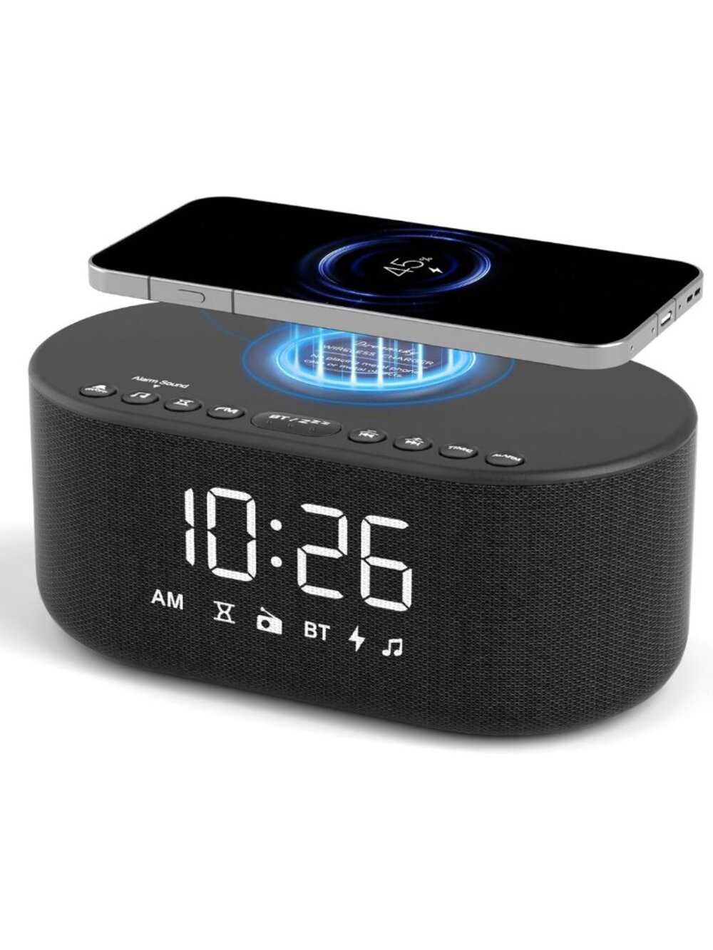 Wireless Charging Alarm Clock Radio with Bluetooth Speaker & LED Display